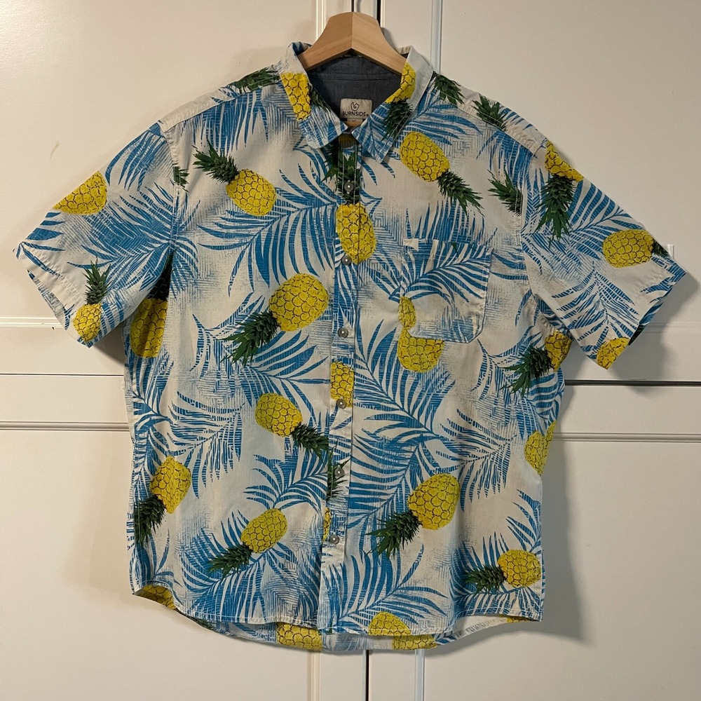 Burnside Mens XL Pineapple Palm Tropical Button Down Shirt BH9261-BF Off White